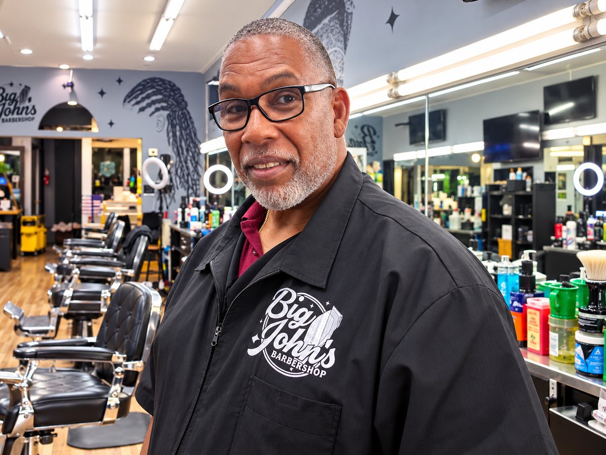“Big John” Patton wearing glasses in his barbershop