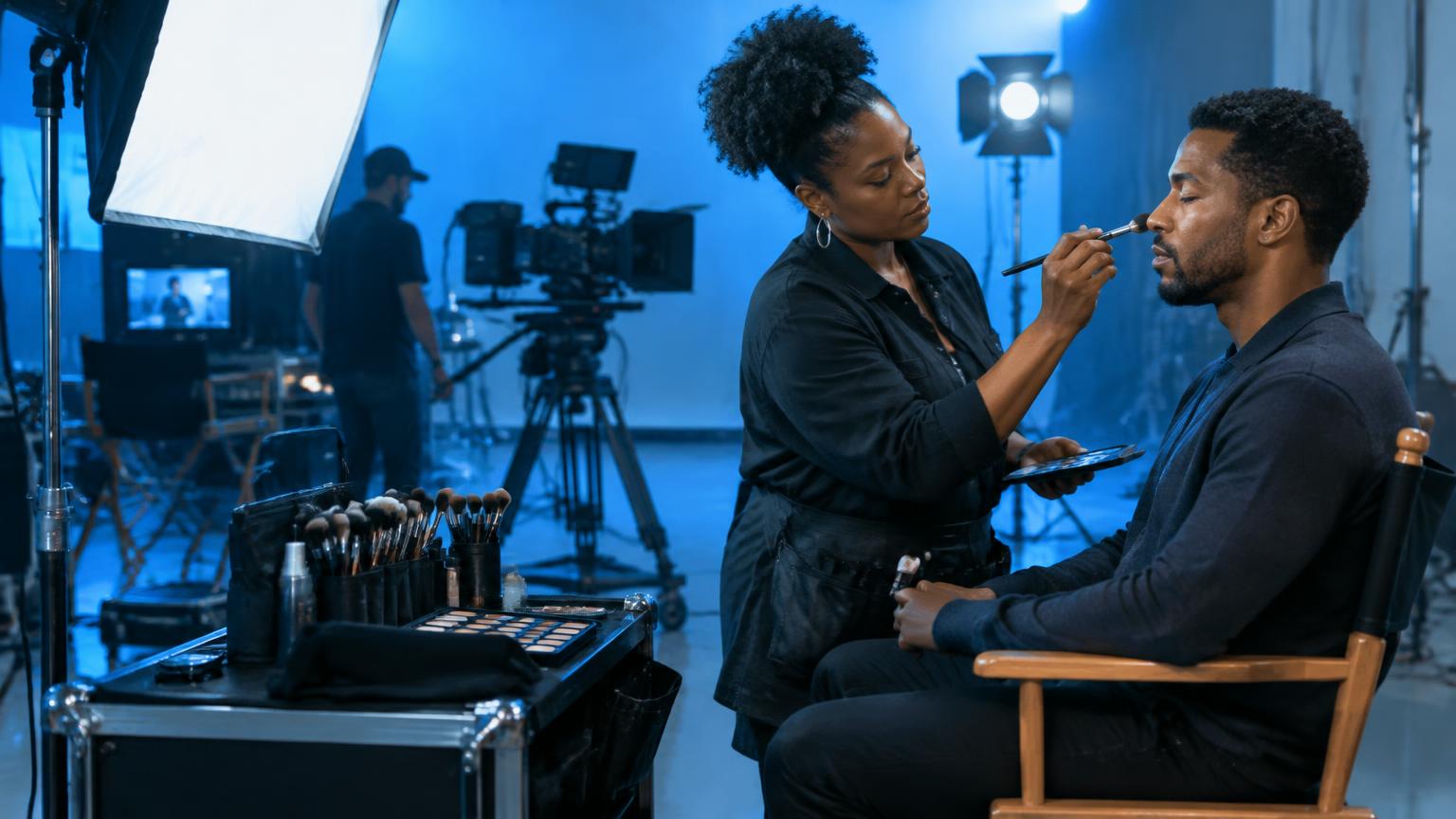 A makeup artist working with an actor on a bright blue-toned film set