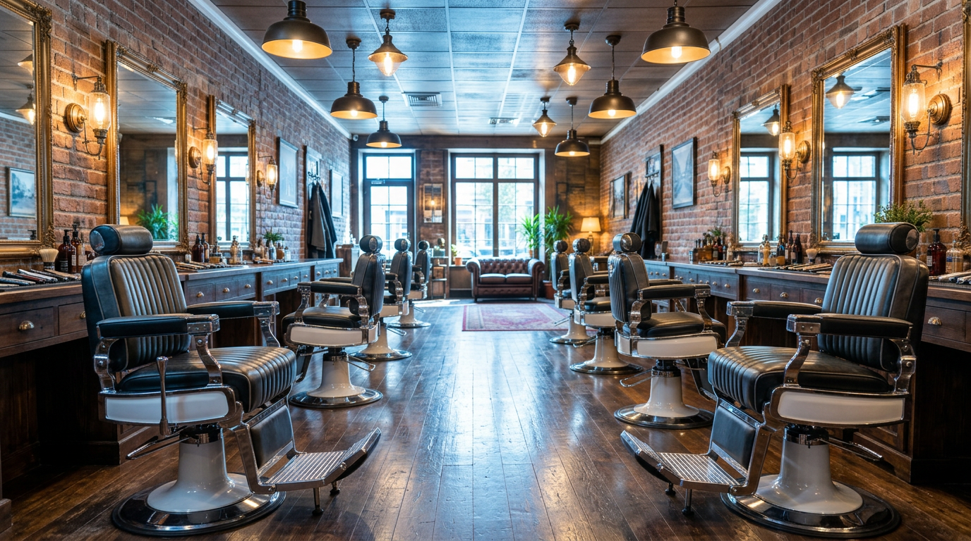 Blue-toned urban barbershop with full leather barber chairs, chrome footrests, brick walls and mirrors