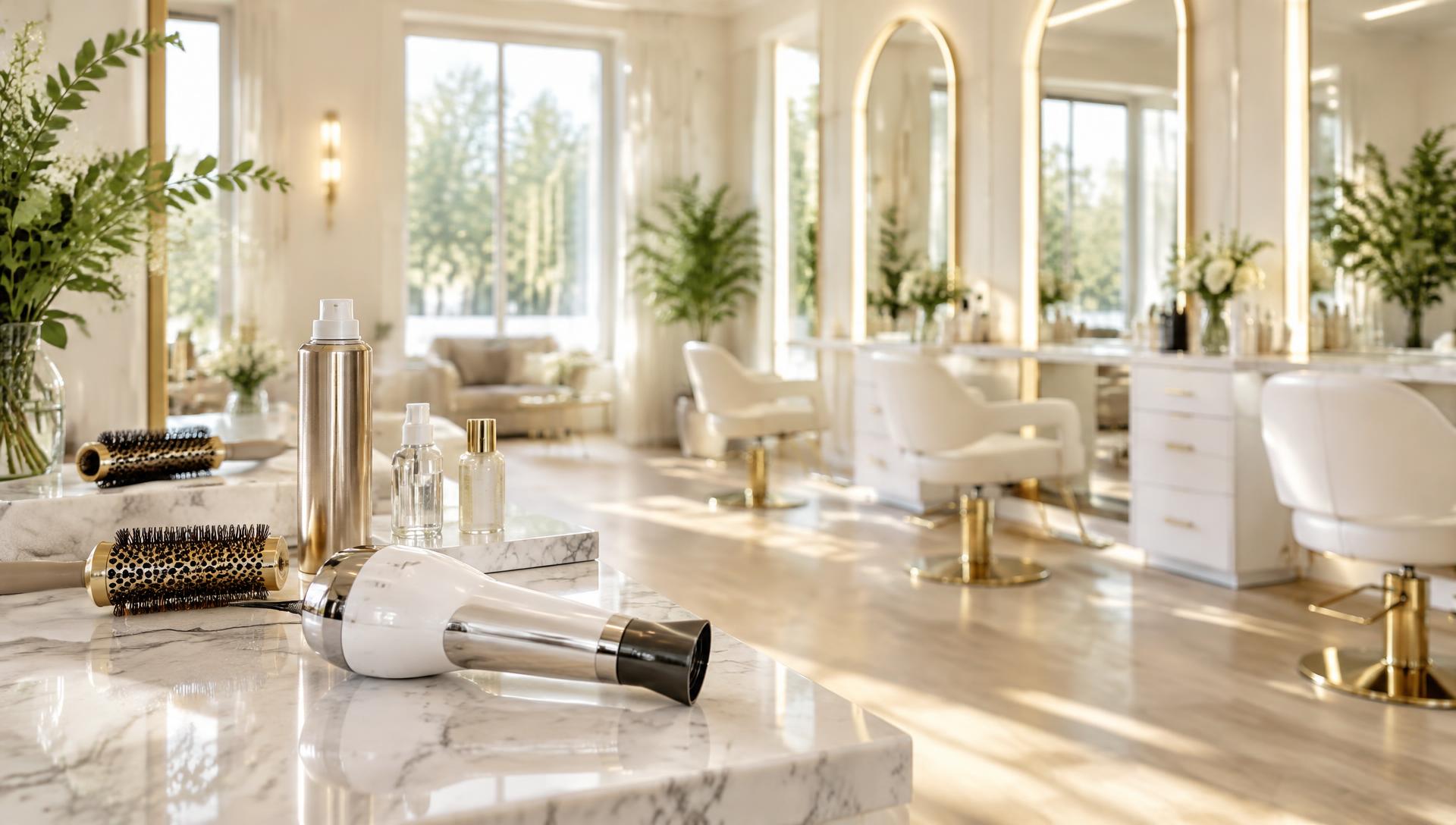 Salon station with blow dryer, hairspray and styling brushes